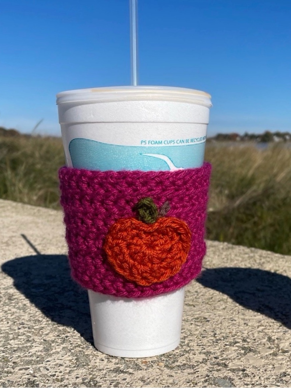 Hand-Crocheted Magenta Cup Cozy with Pumpkin Applique